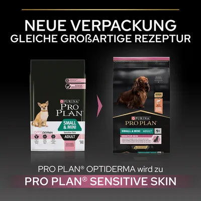 Nova embalaža, enaka odlična receptura. PRO PLAN Optiderma postane PRO PLAN Sensitive Skin Small & Mini Adult.
