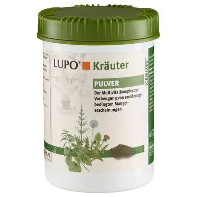 LUPO Kräuter PULVER, Der Multivitalkomplex zur Vorbeugung von ernährungsbedingten Mangelerscheinungen, afbeelding van kruiden en poeder op de verpakking. Tekst in het Duits.