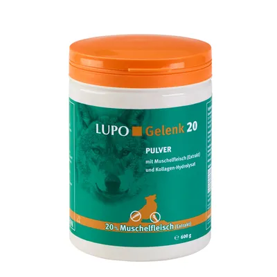 Lupo Gelenk 20 PULVER, 20 % Muschelfleisch (ekstrakt), s kolagen-hidrolizatom, pakiranje od 600 g. Tekst na njemačkom jeziku.