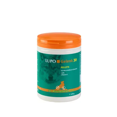 Συσκευασία LUPO Gelenk 30, 675 g. Ορατό κείμενο: PELLETS, mit Muschelfleisch (Extrakt), +OPC, +Vitamin C, 30% Muschelfleisch (Extrakt). Πράσινη ετικέτα με πορτοκαλί καπάκι.