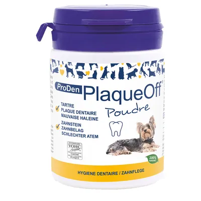 ProDen PlaqueOff Poudre -purkki, jossa koiran kuva. Teksti: tartre, plaque dentaire, mauvaise haleine, zahnstein, zahnbelag, schlechter atem, 100 % naturel, VOHC Accepted.