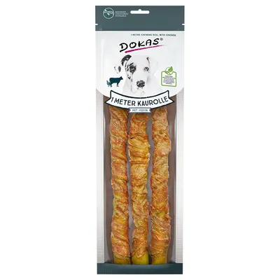 Dokas 1 Meter Kaurolle mit Huhn, Verpackung zeigt drei lange Kaurollen umwickelt mit Hühnerfleisch. Hinweis auf natürliche Zutaten und nachhaltige Herstellung.