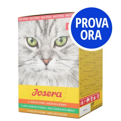 Josera multipack per gatti, 2x pollo con spinaci, 2x anatra e pollo con prezzemolo, 2x tacchino con zucchine. Etichetta blu: PROVA ORA.