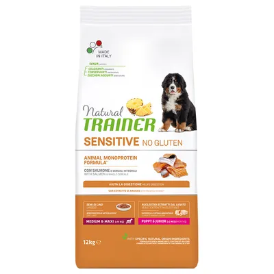 Natural Trainer Sensitive No Gluten, Animal Monoprotein Formula med laks og fuldkorn, Made in Italy, 12 kg. Understøtter fordøjelsen med ananasekstrakt. Natural Trainer Sensitive No Gluten, Animal Monoprotein Formula med laks og fuldkorn, Made in Italy, 12 kg. Understøtter fordøjelsen med ananasekstrakt.