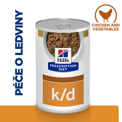 Konzerva Hill's Prescription Diet k/d, viditeľné kúsky mäsa a zeleniny. Text: PÉČE O LEDVINY, CHICKEN AND VEGETABLES. Značka Hill's na etikete.