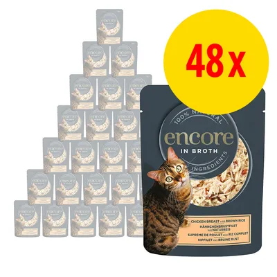 Encore In Broth kattefoder, 48 poser. Synlig tekst: '100% natural ingredients', 'chicken breast with brown rice'. Billede af kat og foder på emballagen.