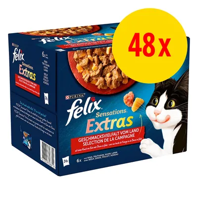 Felix Sensations Extras, opakowanie 48x. Widoczna marka Purina, ilustracja kota i miska z karmą. Tekst po niemiecku: Geschmacksvielfalt vom Land, 6x wołowina, indyk, kurczak, jagnięcina.