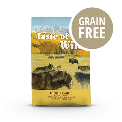 Taste of the Wild High Prairie, scritta 'GRAIN FREE' in evidenza sulla confezione. Formula per cani con bisonte e cervo arrosto, dieta senza cereali.