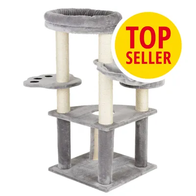 Tiragraffi grigio con colonne in sisal e piattaforme, etichetta gialla con testo rosso 'TOP SELLER' visibile in alto a destra. Tiragraffi grigio con colonne in sisal e piattaforme, etichetta gialla con testo rosso 'TOP SELLER' visibile in alto a destra.