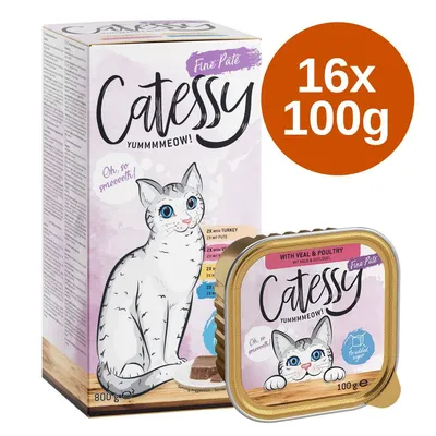 Catessy Fine Paté macskaeledel, 16×100 g, doboz és tálka csomagolásban, látható feliratok: YUMMMMEOW!, Oh, so smooootth!, 2x with turkey, 2x with veal & poultry.