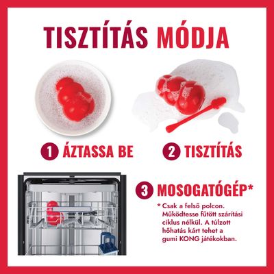 Tisztítási útmutató: 1. Áztatás, 2. Tisztítás kefével, 3. Mosogatógépben tisztítható a felső rekeszben, forró szárítás nélkül. A túlzott hő károsíthatja a gumijátékot.