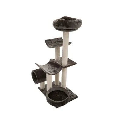 Multi-level scratching post with platforms, tunnel, and round beds. Features several sisal-wrapped posts for climbing and scratching.