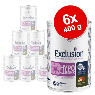 Exclusion Hypoallergenic Monoprotein Veterinary Diet Formula, 6x400 g, vidljivo na limenkama: HYPO ALLERGENIC, MONO PROTEIN, Horse & Potato, All Breeds Adult