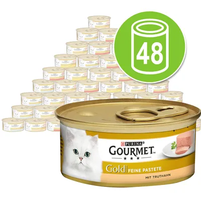 Purina Gourmet Gold Feine Pastete mit Truthahn, 48 Dosen. Produktabbildung zeigt eine goldene Dose und gestapelte Dosen im Hintergrund.