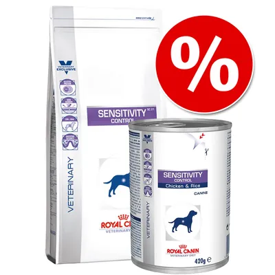 Royal Canin Veterinary Diet Sensitivity Control torrfoderpåse och burk med texten 'Chicken & Rice', röd cirkel med procenttecken för rabatt.