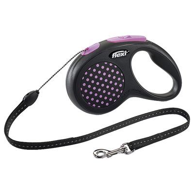 Guinzaglio avvolgibile Flexi Classic con impugnatura nera e viola a pois, moschettone in metallo visibile, corda nera estensibile.