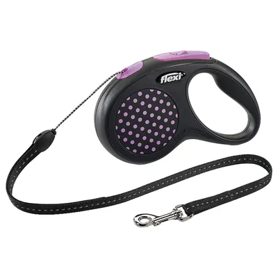 Guinzaglio avvolgibile Flexi Classic con impugnatura nera e viola a pois, moschettone in metallo visibile, corda nera estensibile.