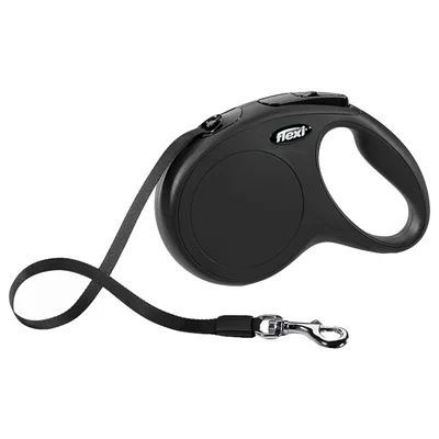 Retractable black lead with ergonomic handle and metal clip, shown extended for attachment to a collar or harness. Retractable black lead with ergonomic handle and metal clip, shown extended for attachment to a collar or harness.