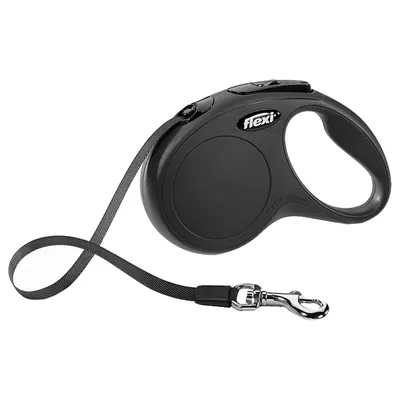 Flexi Classic S laisse à enrouleur noire avec poignée ergonomique et longueur réglable, mousqueton en métal inclus pour fixation sécurisée.