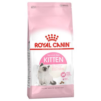 Royal Canin Second Age Kitten -kuivaruoka, kissanpentu kuvassa, teksti: Immune System Support, Digestive Health, Kittens up to 12 months old. Feline Health Nutrition.