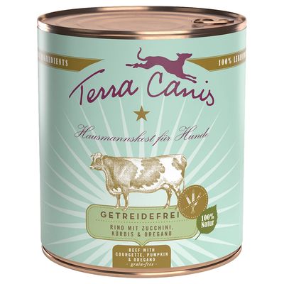 Terra Canis Hausmannskost für Hunde, Getreidefrei, govedina sa tikvicom, bundevom i origanom, 100 % Natur. Tekst na engleskom: Beef with courgette, pumpkin & oregano, grain-free.