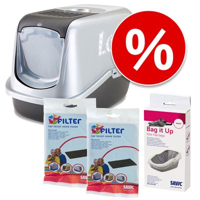 Set: zatvoreni WC za mačke, 2 pakiranja Savic Filter Cat Toilet Home Filter i jedno pakiranje Savic Bag it Up vrećica za pijesak, crveni znak s postotkom.