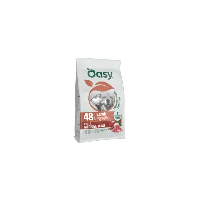 Oasy Adult Medium/Large, 48% Lam, Hypoallergen Formel, billede af lammekød på emballagen