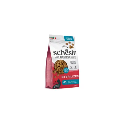 Schesir Animal Monoprotein Formula, Steriliseret, fisk som eneste proteinkilde, 34% protein, 350 g taske. Italiensk flag synligt.