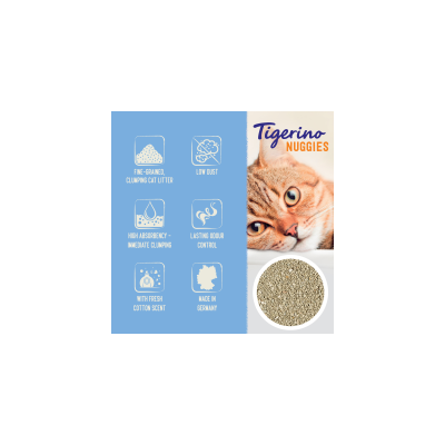 Tigerino Nuggies. Finkornet, klumpende kattegrus, støvfattig, høj absorberingsevne, langvarig lugtkontrol, med frisk bomuldsduft, fremstillet i Tyskland.