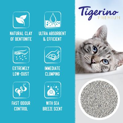 Tigerino Premium. Natural clay of bentonite, ultra absorbent & efficient, extremely low-dust, immediate clumping, fast odour control, with sea breeze scent. Tekst na engleskom.