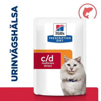 Hill's Prescription Diet c/d multicare stress, urinvägshälsa, förpackning med kattbild och fiskikon. Synlig text: 'URINVÄGSHÄLSA', 'c/d multicare stress'.