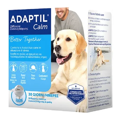 Confezione ADAPTIL Calm Diffusore e ricarica 30 giorni. Testo: Conforta e aiuta il tuo cane in situazioni di stress. Consigliato dal veterinario, clinicamente testato.
