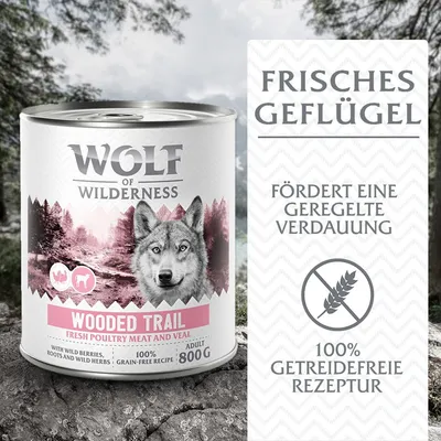Wolf of Wilderness Wooded Trail, frisches Geflügel und Kalbfleisch, 100% getreidefreie Rezeptur, fördert eine geregelte Verdauung, 800g Dose. Wolf of Wilderness Wooded Trail, frisches Geflügel und Kalbfleisch, 100% getreidefreie Rezeptur, fördert eine geregelte Verdauung, 800g Dose.