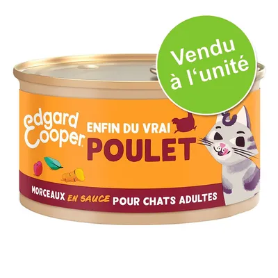 Edgard Cooper Enfin du vrai poulet, morceaux en sauce pour chats adultes, vendu à l’unité. Texte et illustration de chat visibles sur la boîte.