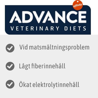 ADVANCE VETERINARY DIETS. Vid matsmältningsproblem, lågt fiberinnehåll, ökat elektrolytinnehåll. affinity.