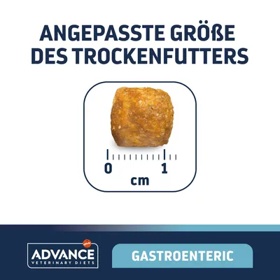 Angepasste Grösse des Trockenfutters, ca. 1 cm. Advance Veterinary Diets Gastroenteric.