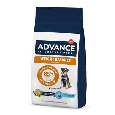 ADVANCE Veterinary Diets Weight Balance MINI <10kg, Reduce weight 85% in 2 months, met kip, gerst en erwten. Hondenbrokken verpakking met afbeelding van een hond.