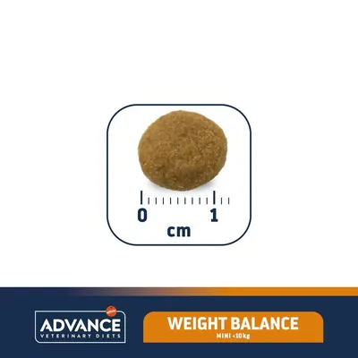 Гранула Advance Veterinary Diets Weight Balance MINI под 1 см, показана до скала в сантиметри. Видими надписи: ADVANCE VETERINARY DIETS, WEIGHT BALANCE MINI <10 kg.