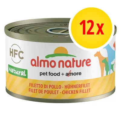 Lot de 12 boîtes Almo Nature HFC Natural filet de poulet, texte visible : pet food + amore, filet de poulet, chicken fillet, HFC.