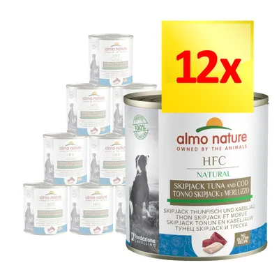 12 puszek Almo Nature HFC Natural Skipjack Tuna and Cod, widoczne logo, napis 100% naturalne, bez glutenu, zdjęcie psa na etykiecie. 12 puszek Almo Nature HFC Natural Skipjack Tuna and Cod, widoczne logo, napis 100% naturalne, bez glutenu, zdjęcie psa na etykiecie.