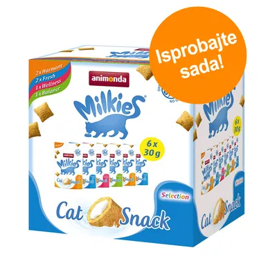 animonda Milkies Cat Snack Selection, 6 x 30 g. Okusi: 2x Harmony, 2x Fresh, 1x Wellness, 1x Balance. Narančasti krug s tekstom: Isprobajte sada!