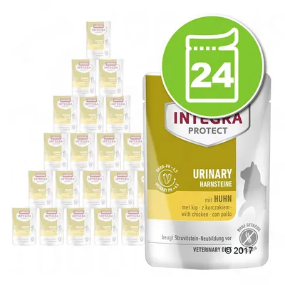 Lot de 24 sachets Integra Protect Urinary Harnsteine mit Huhn, mention visible : urinary pH 6,5, sans céréales, avec silhouette de chat sur l’emballage. Lot de 24 sachets Integra Protect Urinary Harnsteine mit Huhn, mention visible : urinary pH 6,5, sans céréales, avec silhouette de chat sur l’emballage.