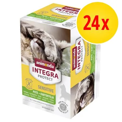 Animonda Integra Protect Sensitive Pute + Kartoffeln, 24x. Text på förpackning: utan spannmål, stödjer hud och päls, lämplig pH 6,4–6,8. Bild på katt.