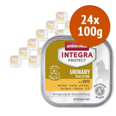 Animonda Integra Protect Urinary Oxalsteine con anatra, senza cereali, confezione 24x100g. Testo visibile: Harn-pH 6-7, Veterinary Diet, con Anatra, No Grain.