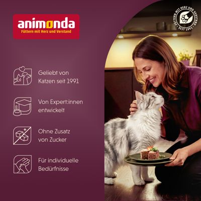 animonda. Geliebt von Katzen seit 1991, von Expert:innen entwickelt, ohne Zusatz von Zucker, für individuelle Bedürfnisse.