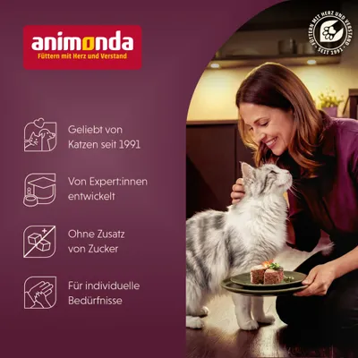 animonda. Geliebt von Katzen seit 1991, von Expert:innen entwickelt, ohne Zusatz von Zucker, für individuelle Bedürfnisse. animonda. Geliebt von Katzen seit 1991, von Expert:innen entwickelt, ohne Zusatz von Zucker, für individuelle Bedürfnisse.