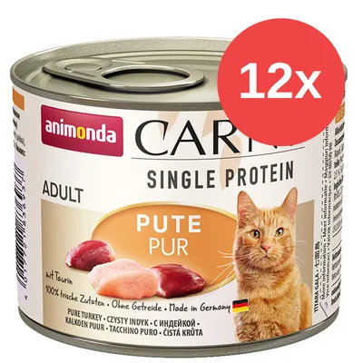 Lata de comida para gatos animonda Carny Single Protein Adult Pute Pur, 100 % ingredientes frescos, sin cereales, pack de 12 unidades. Texto en alemán e inglés visible en la etiqueta.