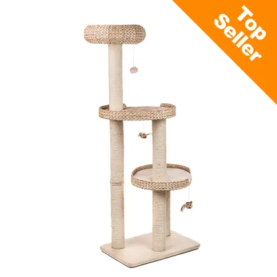 Cat tree with three beige platforms, sisal-wrapped posts, hanging toy balls and mice. Orange corner banner with white text: Top Seller.