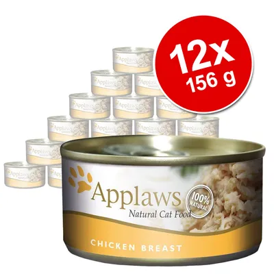 Pack de 12 latas Applaws Natural Cat Food, Chicken Breast, 156 g cada. Texto visível: '100% natural'.