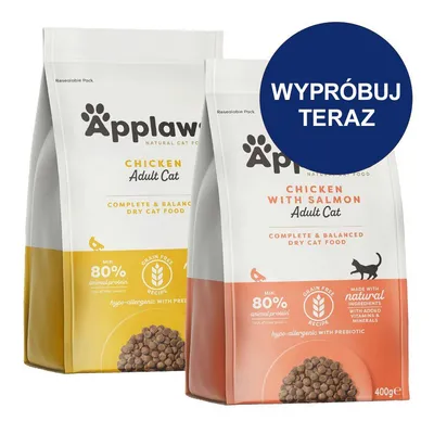 Applaws Chicken Adult Cat oraz Applaws Chicken with Salmon Adult Cat, karma sucha dla kotów dorosłych, min. 80% białka zwierzęcego, bezzbożowa, opakowania 400 g. Napis: WYPRÓBUJ TERAZ.